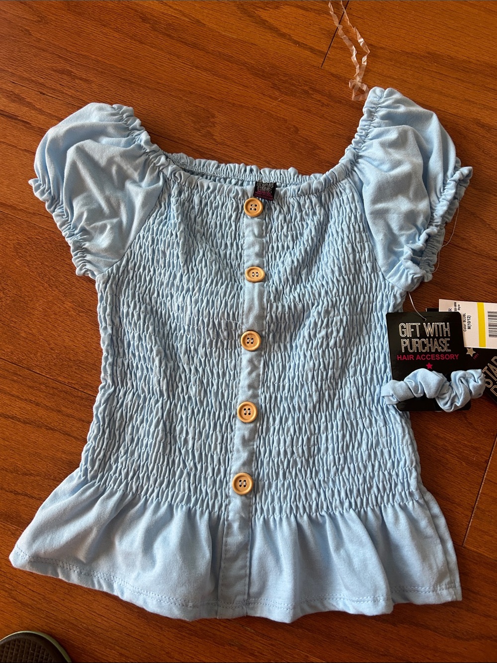 Light Blue Smocked Peplum Top with Buttons - Kids